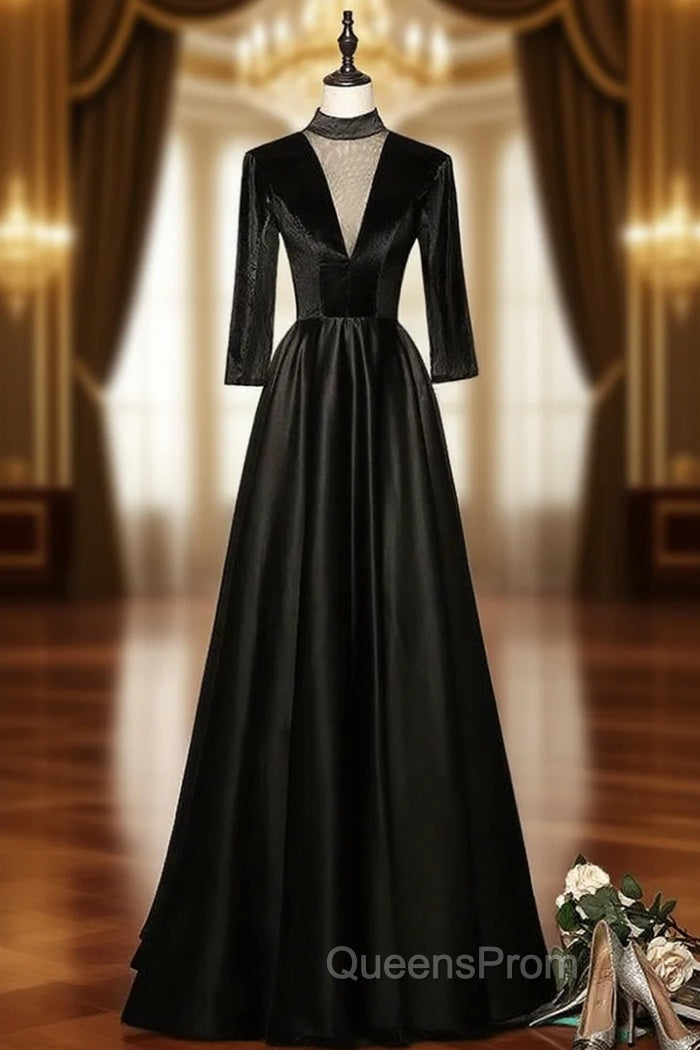 Black Satin Velvet Short Sleeve Evening Prom Dress