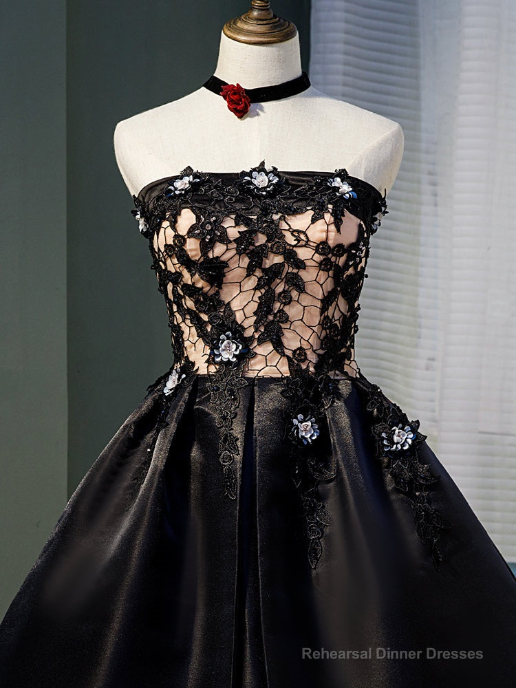 Black Satin with Lace Knee Length Prom Dress Homecoming Dress, Black Party Dresses Secondary image