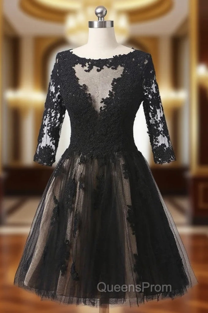 Black Scoop Neck Homecoming Dress Half Sleeves Knee Length