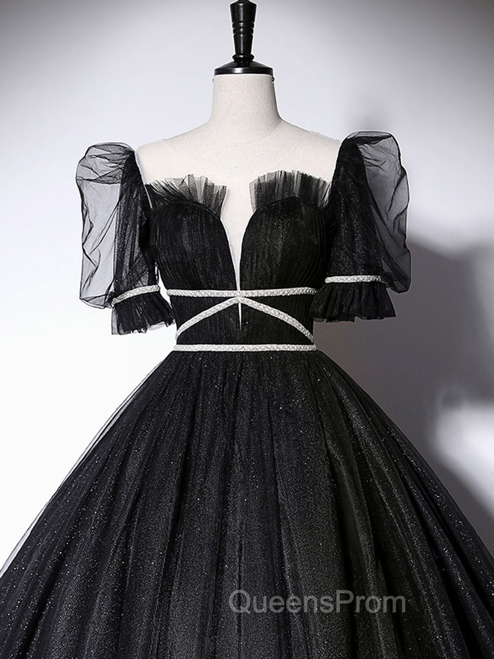Black Scoop Neckline Long Evening Prom Dress, Shiny Tulle Black Evening Dress Secondary image