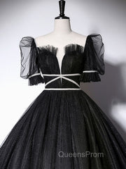 Black Scoop Neckline Long Evening Prom Dress, Shiny Tulle Black Evening Dress