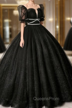 Black Scoop Neckline Long Evening Prom Dress, Shiny Tulle Black Evening Dress