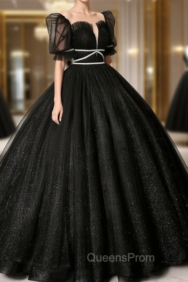 Black Scoop Neckline Long Evening Prom Dress, Shiny Tulle Black Evening Dress