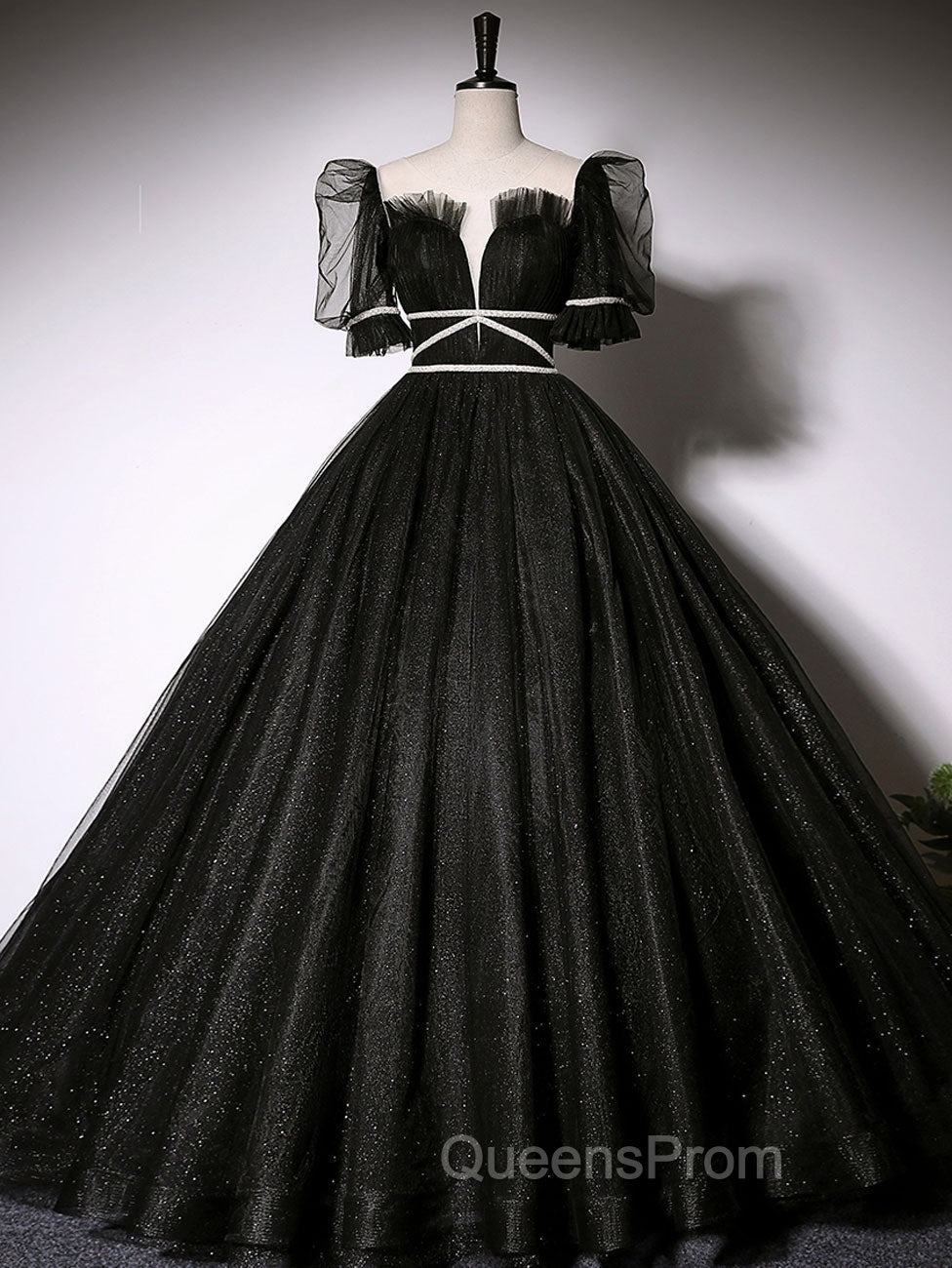 Black Scoop Neckline Long Evening Prom Dress, Shiny Tulle Black Evening Dress Main image