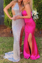 Black Sequin Fringe Halter Long Classy Prom Dress With Slit