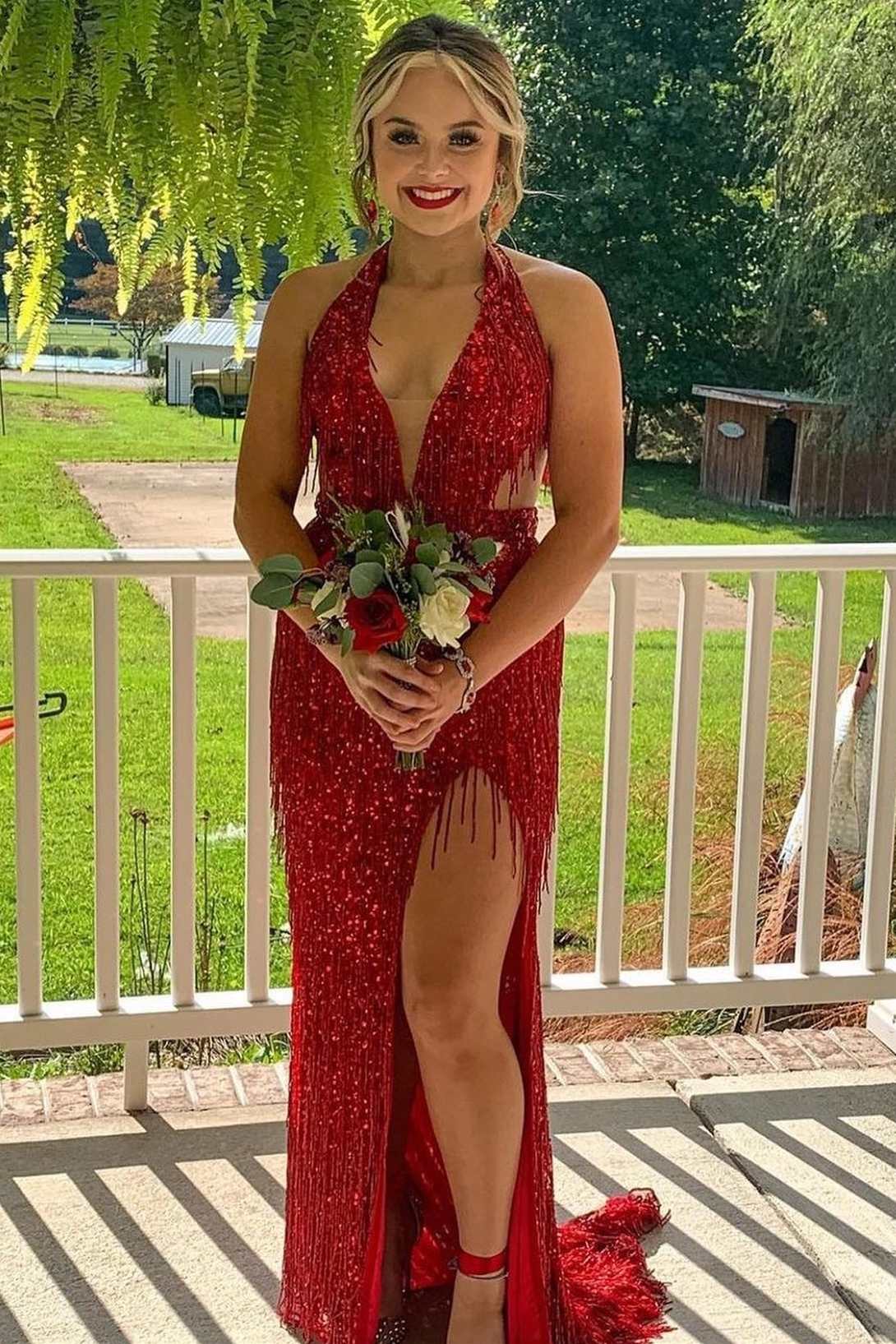 Black Sequin Fringe Halter Long Classy Prom Dress With Slit Secondary image