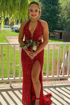 Black Sequin Fringe Halter Long Classy Prom Dress With Slit
