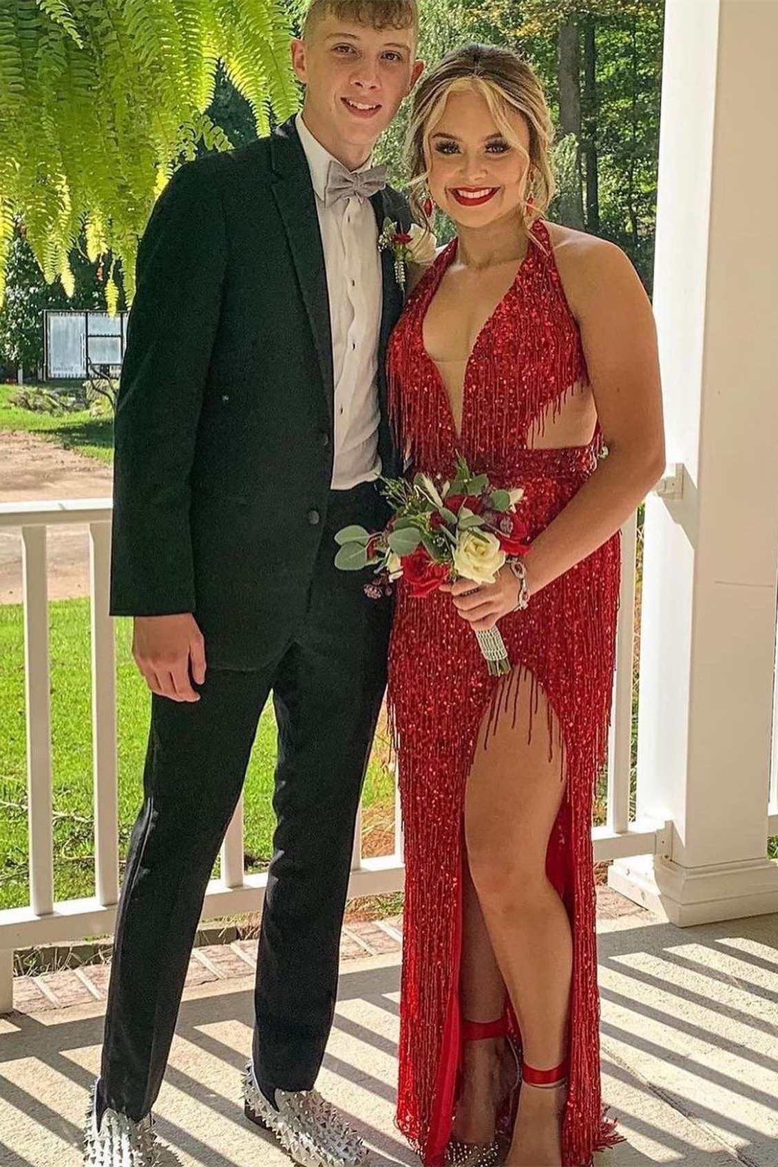 Black Sequin Fringe Halter Long Classy Prom Dress With Slit