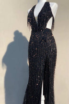 Black Sequin Fringe Halter Long Classy Prom Dress With Slit