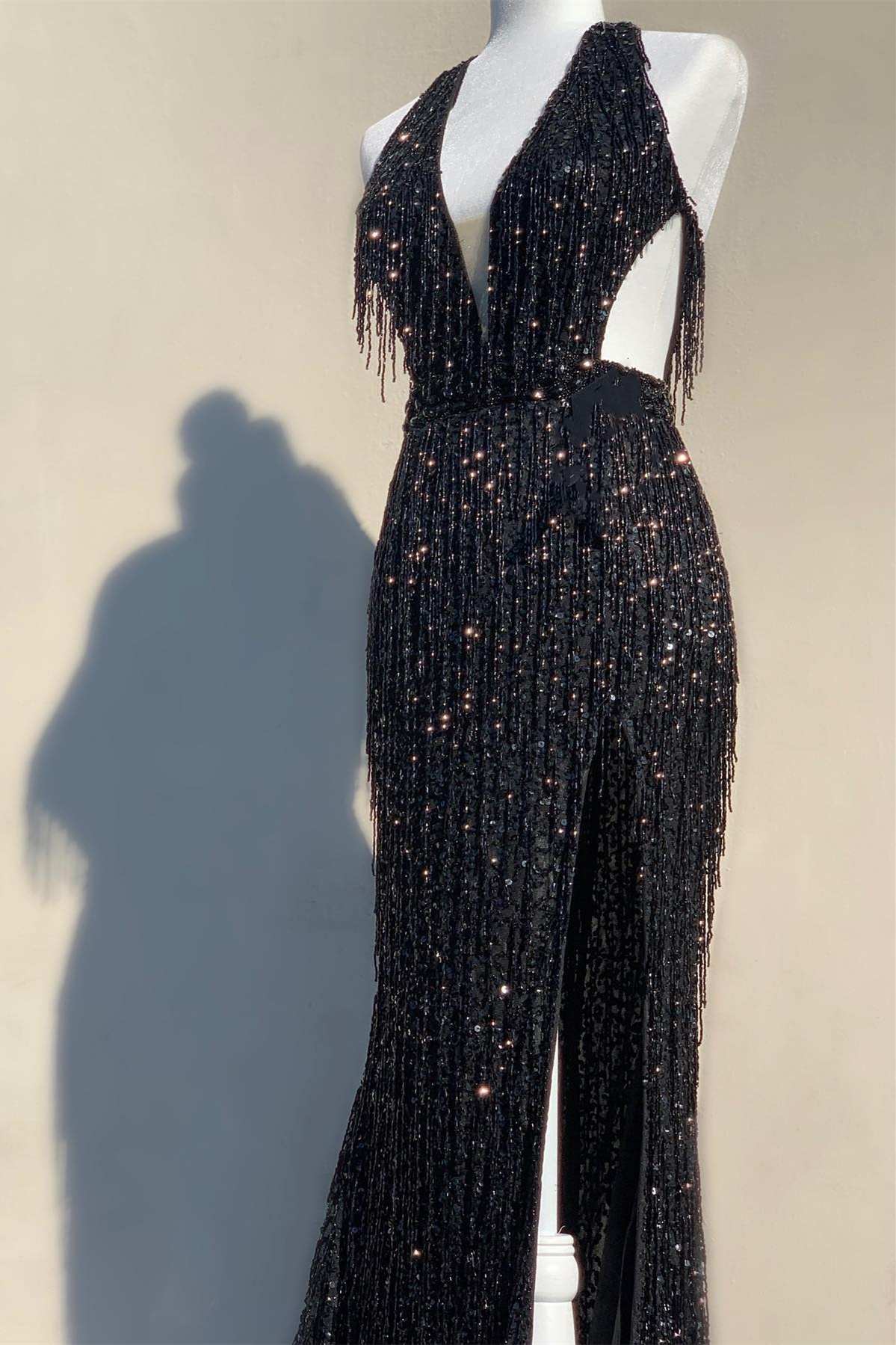 Black Sequin Fringe Halter Long Classy Prom Dress With Slit