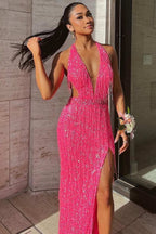 Black Sequin Fringe Halter Long Classy Prom Dress With Slit
