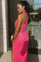 Black Sequin Fringe Halter Long Classy Prom Dress With Slit