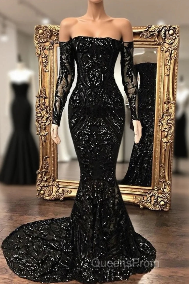 Black Sequin Long Sleeve Mermaid Evening Prom Dress Main image