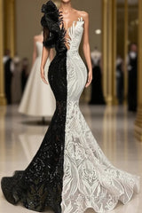 Black Sequin Trumpet Mermaid Long Sleeve Evening Prom Dress