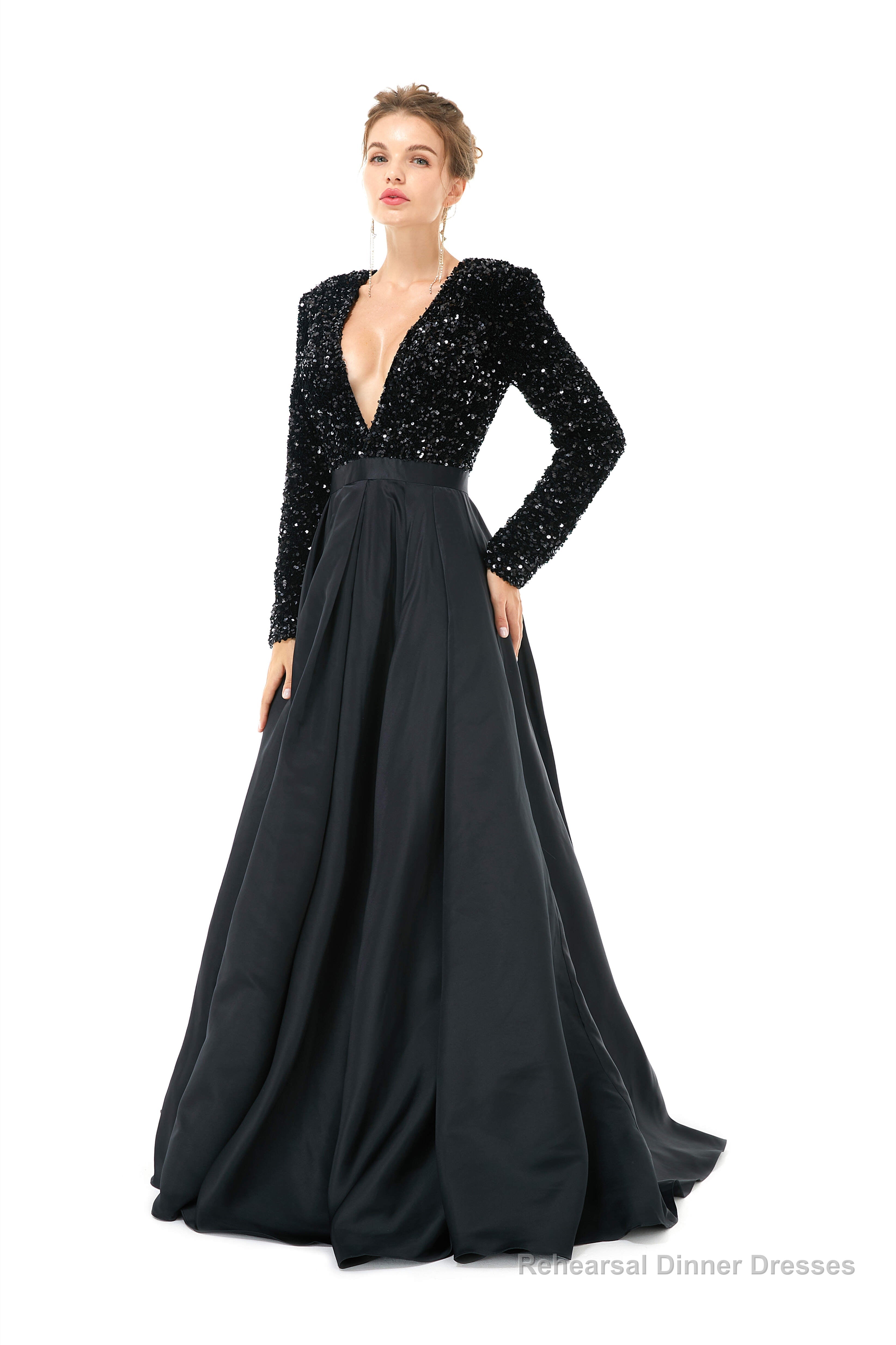 Sequined Satin A Line Front Slit V Neck Full Sleeve Sweep Train Long Prom Dresses