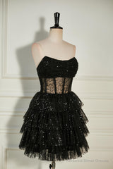 Black Sequined Strapless Multi-Layers Tulle Cocktail Dress