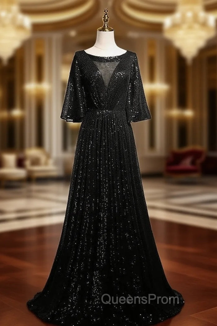Black Sequins Bell Sleeve Evening Prom Dress