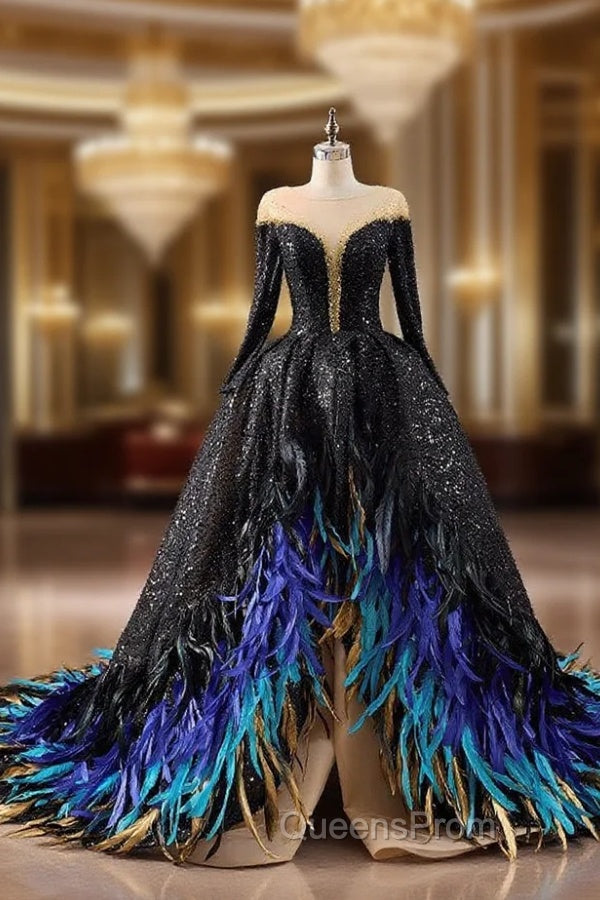 Black Sequins Long Sleeve Feather Evening Prom Dress