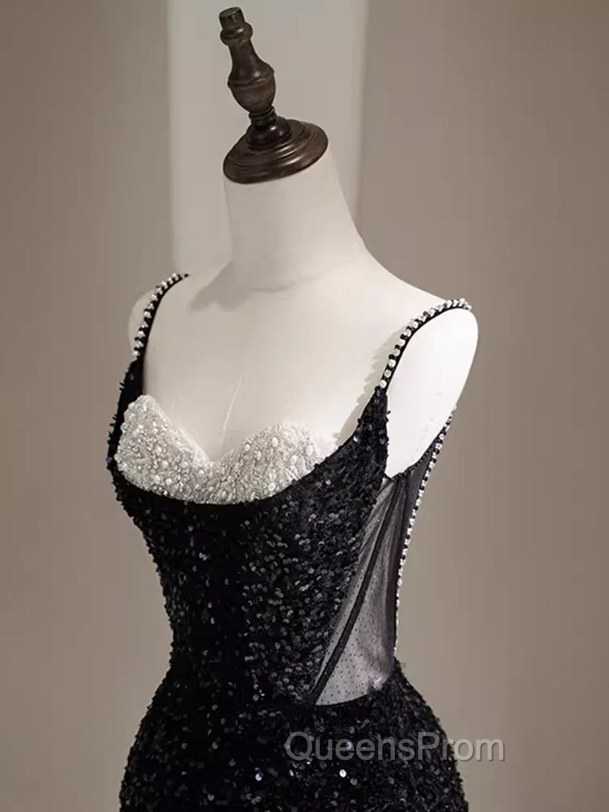 Black Sequins Mermaid Straps Beaded Evening Prom Dress, Black Sequins Party Dress