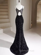 Black Sequins Mermaid Straps Beaded Evening Prom Dress, Black Sequins Party Dress