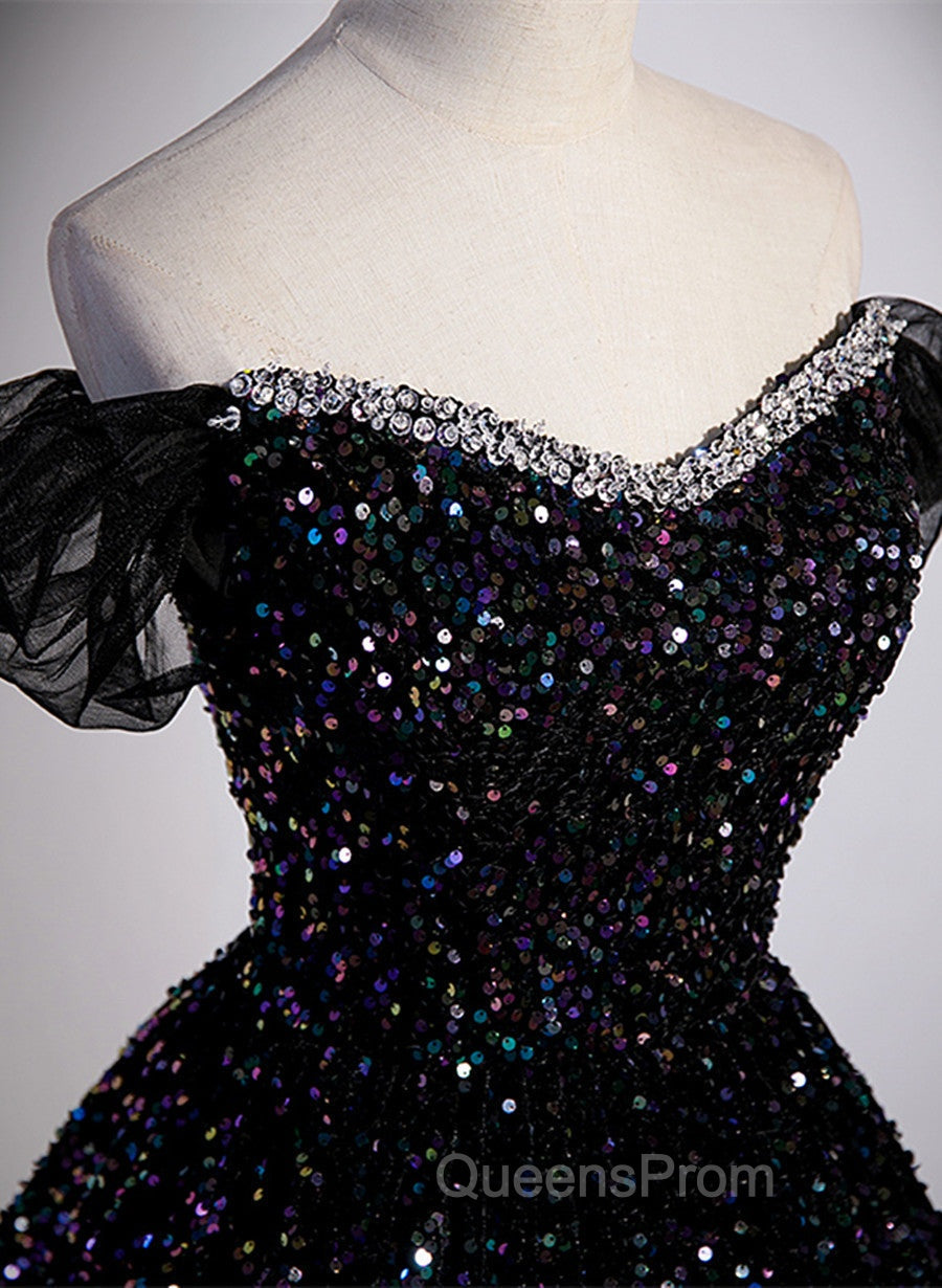 Black Sequins Off Shoulder Beaded Party Dress, A-line Black Evening Dress Secondary image