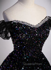 Black Sequins Off Shoulder Beaded Party Dress, A-line Black Evening Dress