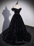 Black Sequins Off Shoulder Beaded Party Dress, A-line Black Evening Dress
