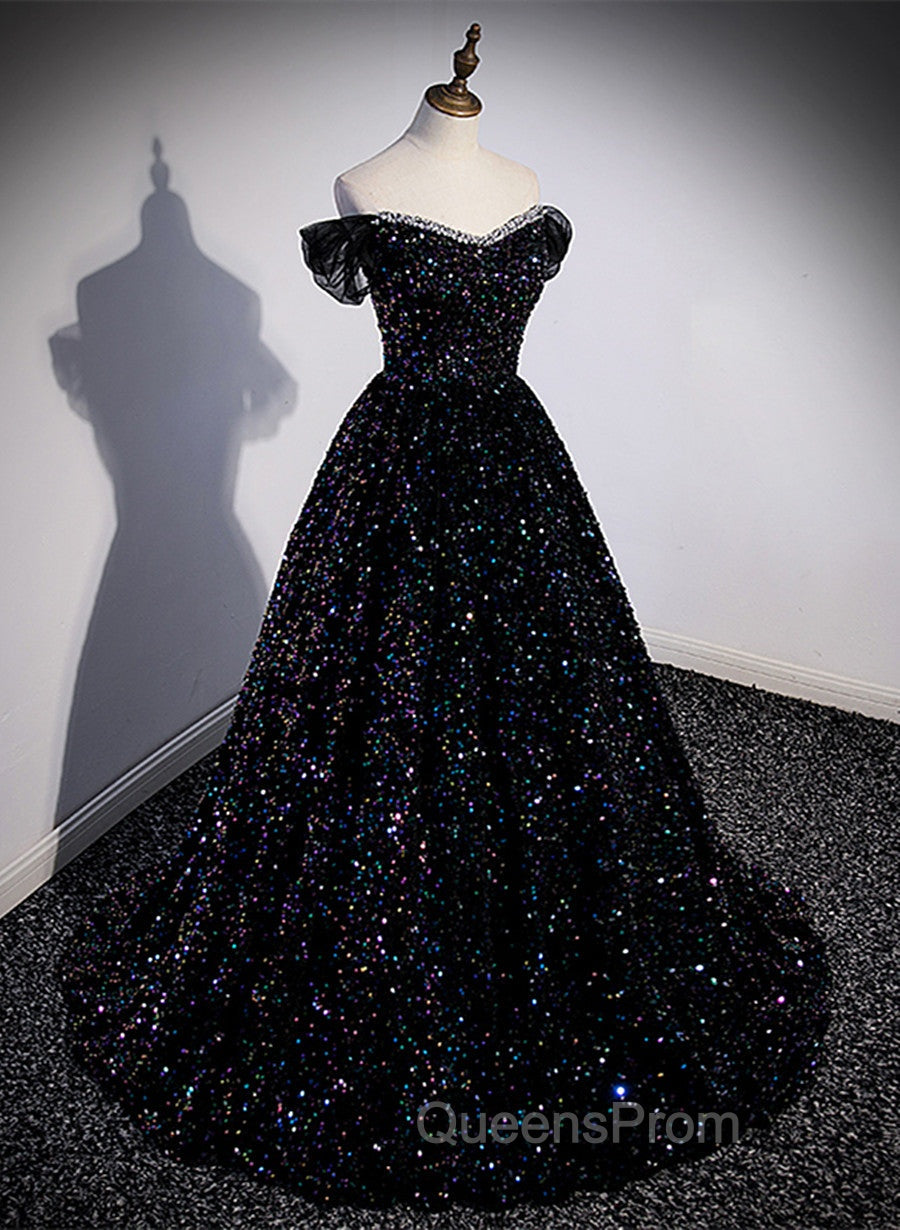 Black Sequins Off Shoulder Beaded Party Dress, A-line Black Evening Dress