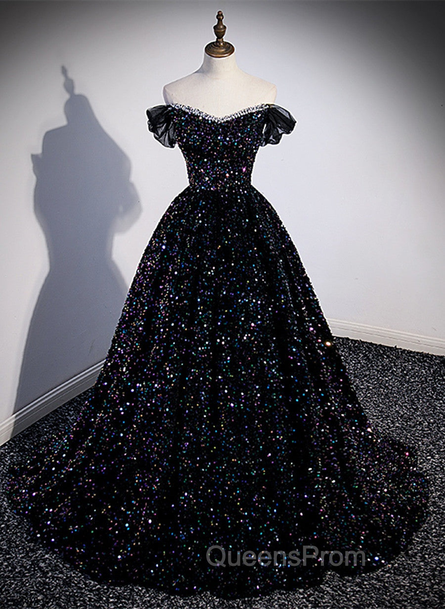Black Sequins Off Shoulder Beaded Party Dress, A-line Black Evening Dress Main image