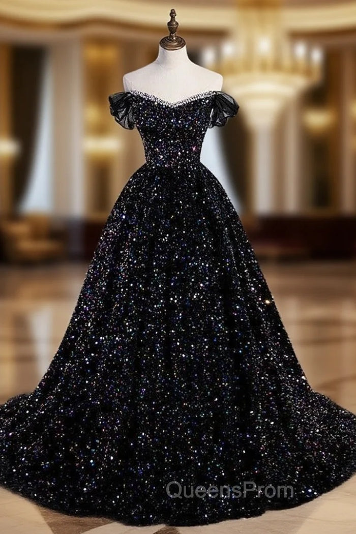 Black Sequins Off the Shoulder Evening Prom Dress