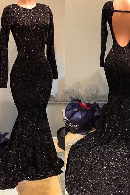 Black Sequins Prom Party Gowns| Long Sleeves Evening Gowns On Sale