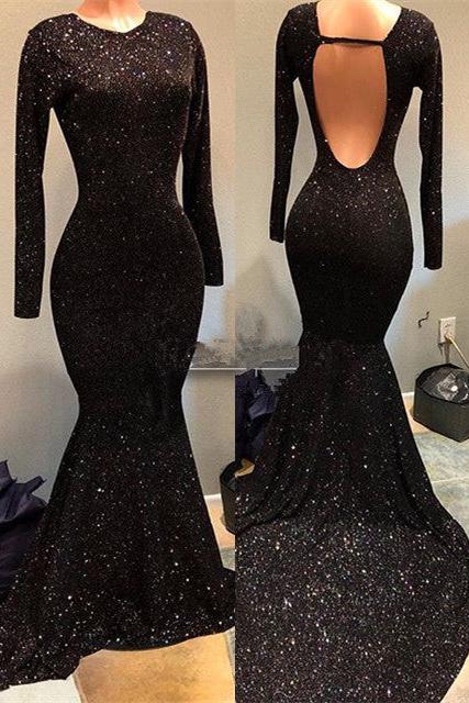 Black Sequins Prom Party Gowns| Long Sleeves Evening Gowns On Sale Main image