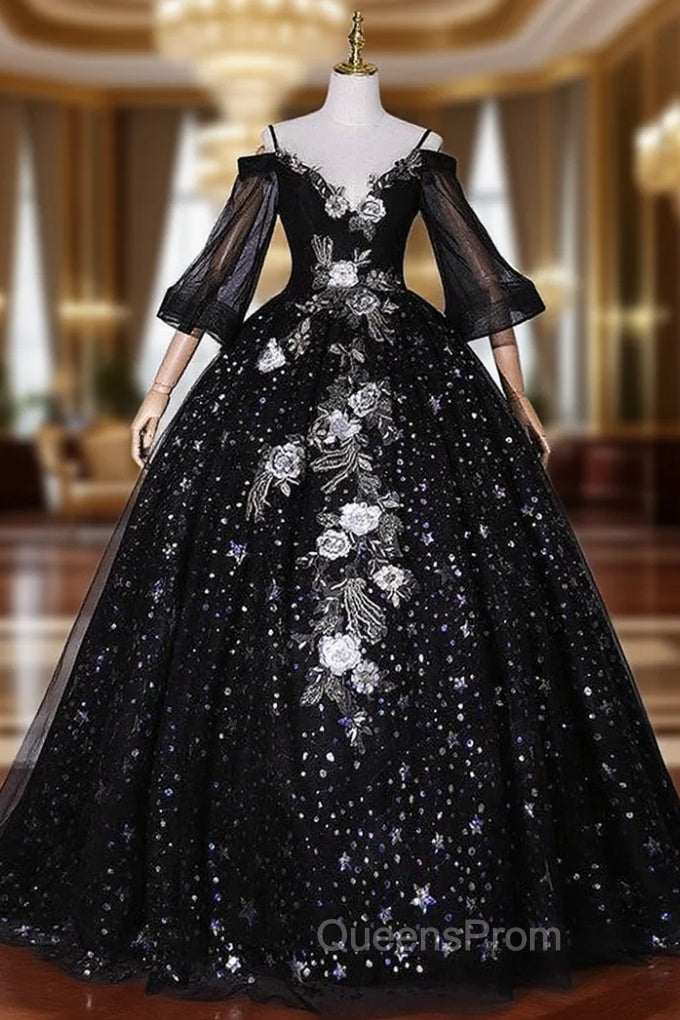 Black Sequins Straps Short Sleeve Quinceanera Dress