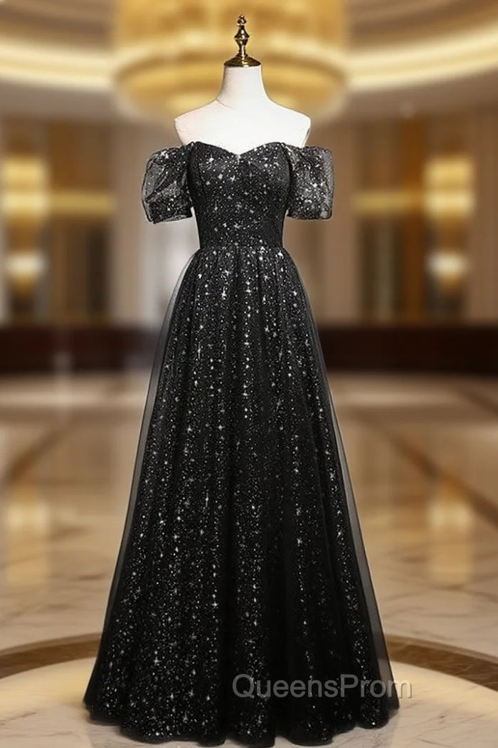 Black Sequins Tulle Puff Sleeve Evening Prom Dress