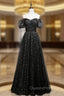 Black Sequins Tulle Puff Sleeve Evening Prom Dress