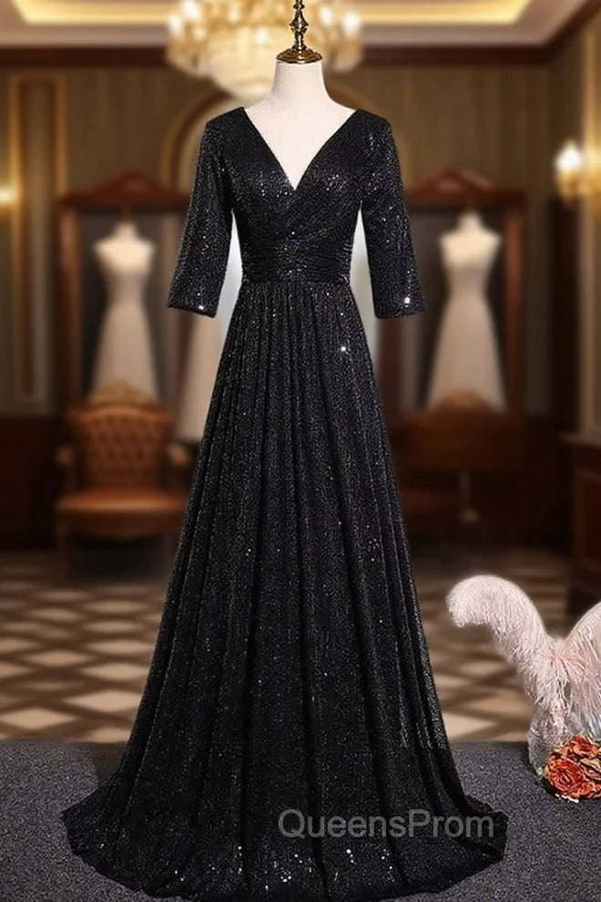 Black Sequins V-neck Short Sleeve Evening Prom Dress