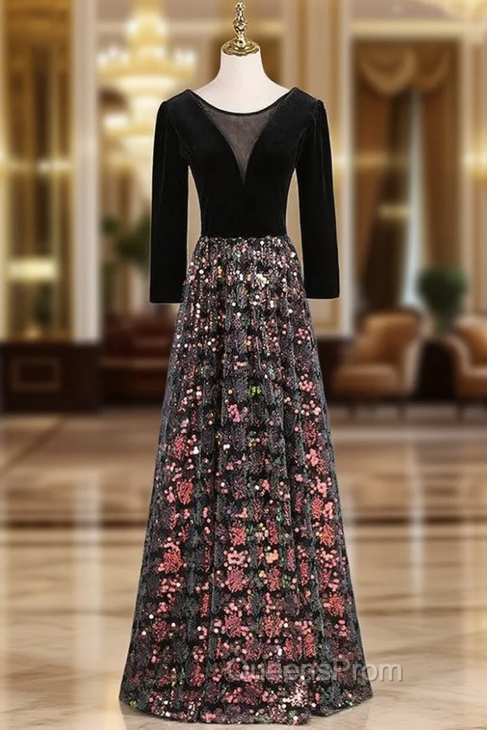 Black Sequins Velvet Long Sleeve Evening Prom Dress