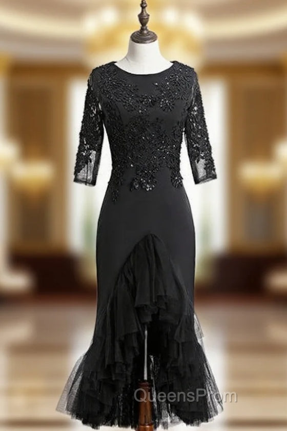 Black Sheath Satin Tulle Appliques Short Sleeve Short  Evening Prom Dress Main image