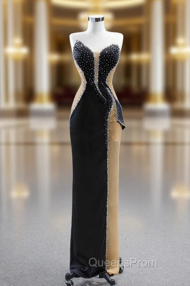 Black Sheath Strapless Beading Evening Prom Dress