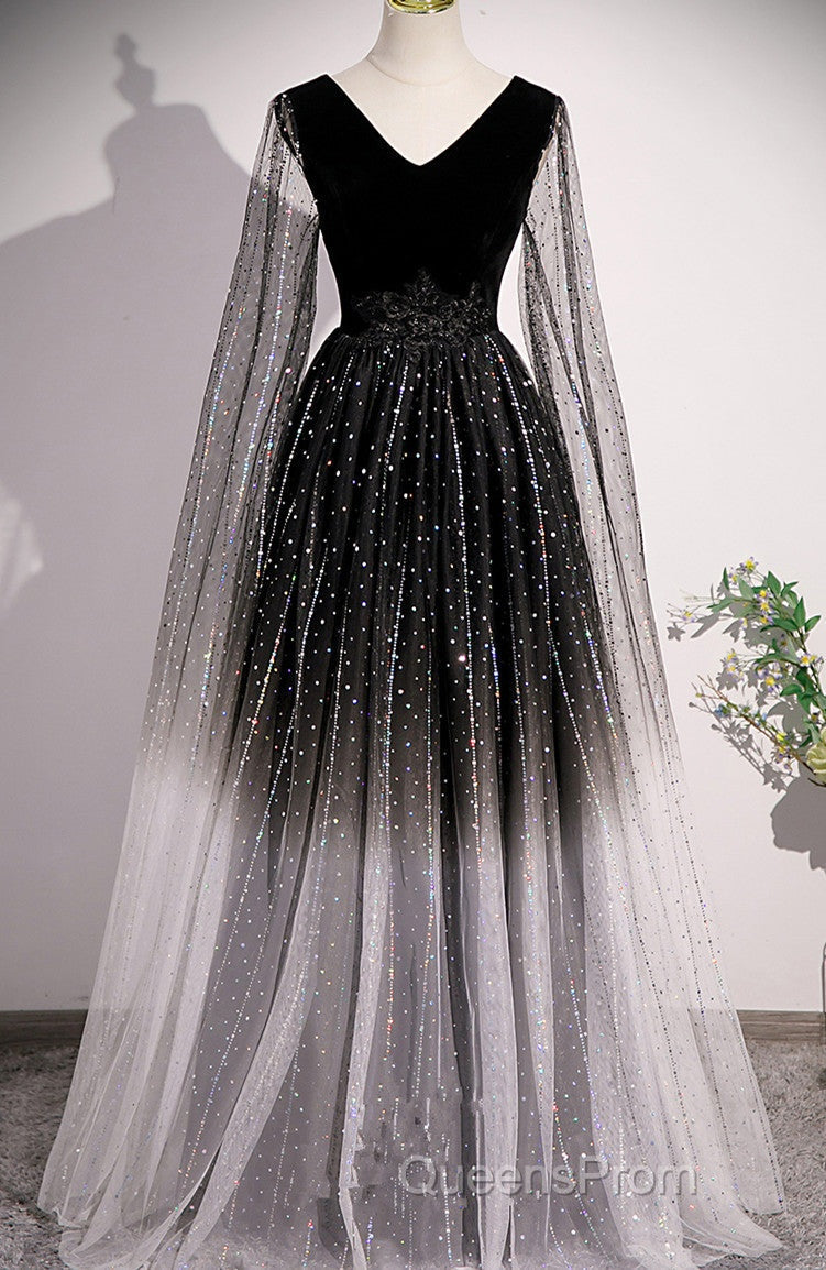 Black Shiny Tulle Gradient Tulle V-Neckline Party Dress, Black Tulle Evening Prom Dress Secondary image