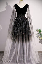 Black Shiny Tulle Gradient Tulle V-Neckline Party Dress, Black Tulle Evening Prom Dress