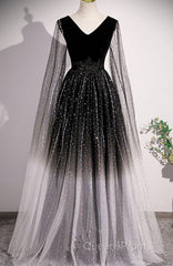 Black Shiny Tulle Gradient Tulle V-Neckline Party Dress, Black Tulle Evening Prom Dress