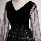 Black Shiny Tulle Gradient Tulle V-Neckline Party Dress, Black Tulle Evening Prom Dress