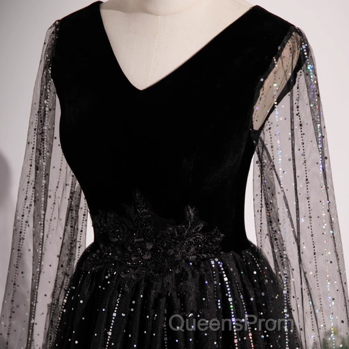 Black Shiny Tulle Gradient Tulle V-Neckline Party Dress, Black Tulle Evening Prom Dress