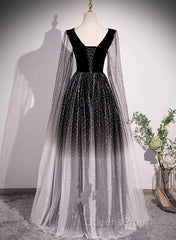 Black Shiny Tulle Gradient Tulle V-Neckline Party Dress, Black Tulle Evening Prom Dress