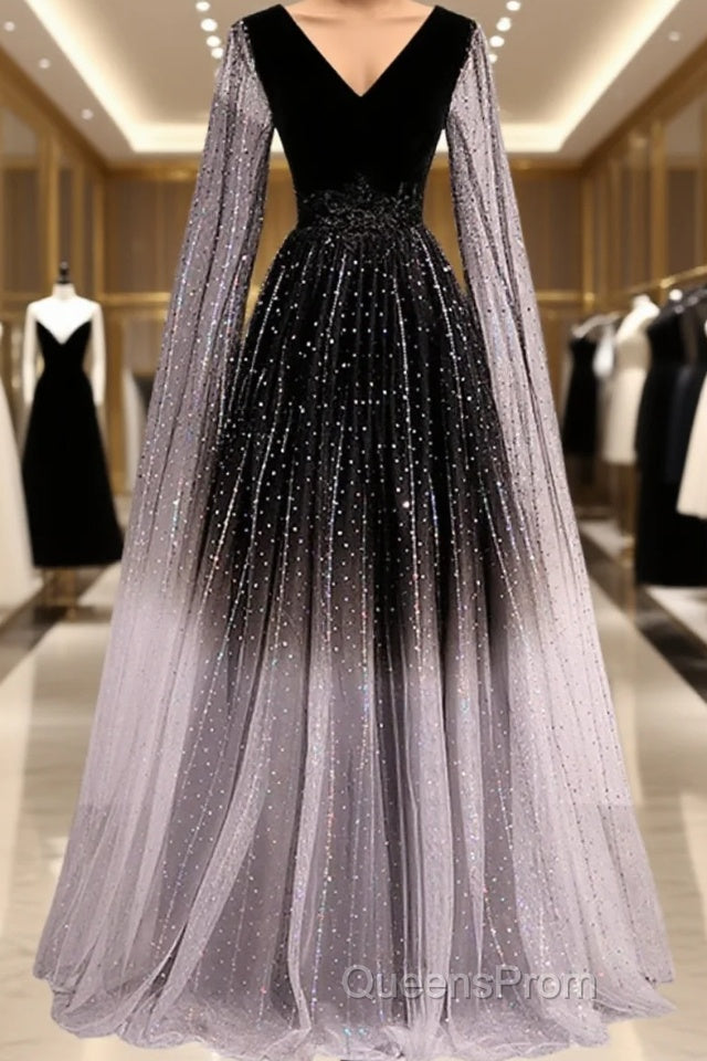 Black Shiny Tulle Gradient Tulle V-Neckline Party Dress, Black Tulle Evening Prom Dress Main image