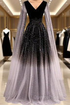 Black Shiny Tulle Gradient Tulle V-Neckline Party Dress, Black Tulle Evening Prom Dress