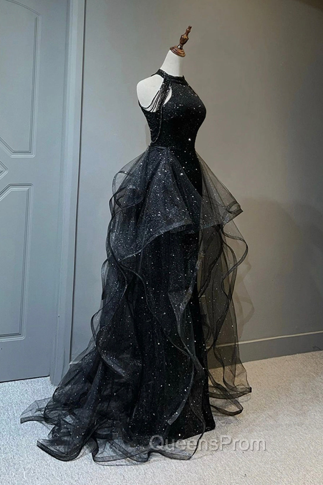 Black Shiny Tulle Long Party Dress with Beaded, Black Evening Dress Secondary image