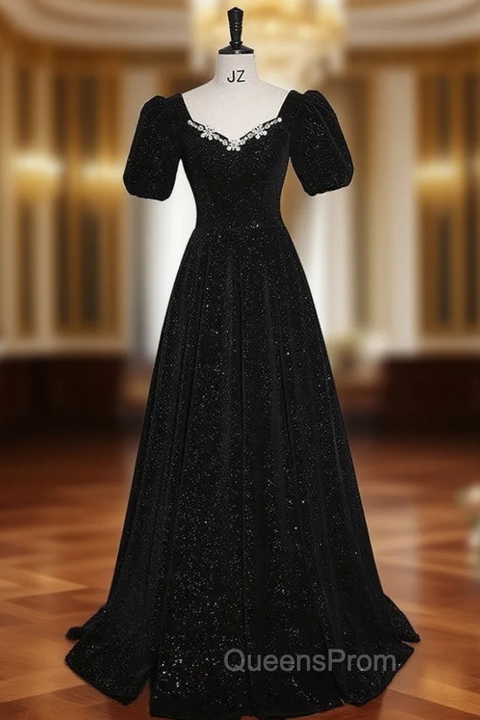 Black Short Sleeve Crystal Evening Prom Dress Main image