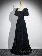 Black Short Sleeves A-line Simple Evening Prom Dress, Black Party Dress Bridesmaid Dress